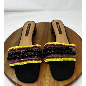 Zara Sandals‎ Womens Black Hand Beaded Fringed Mule Slide Sandals Size 41